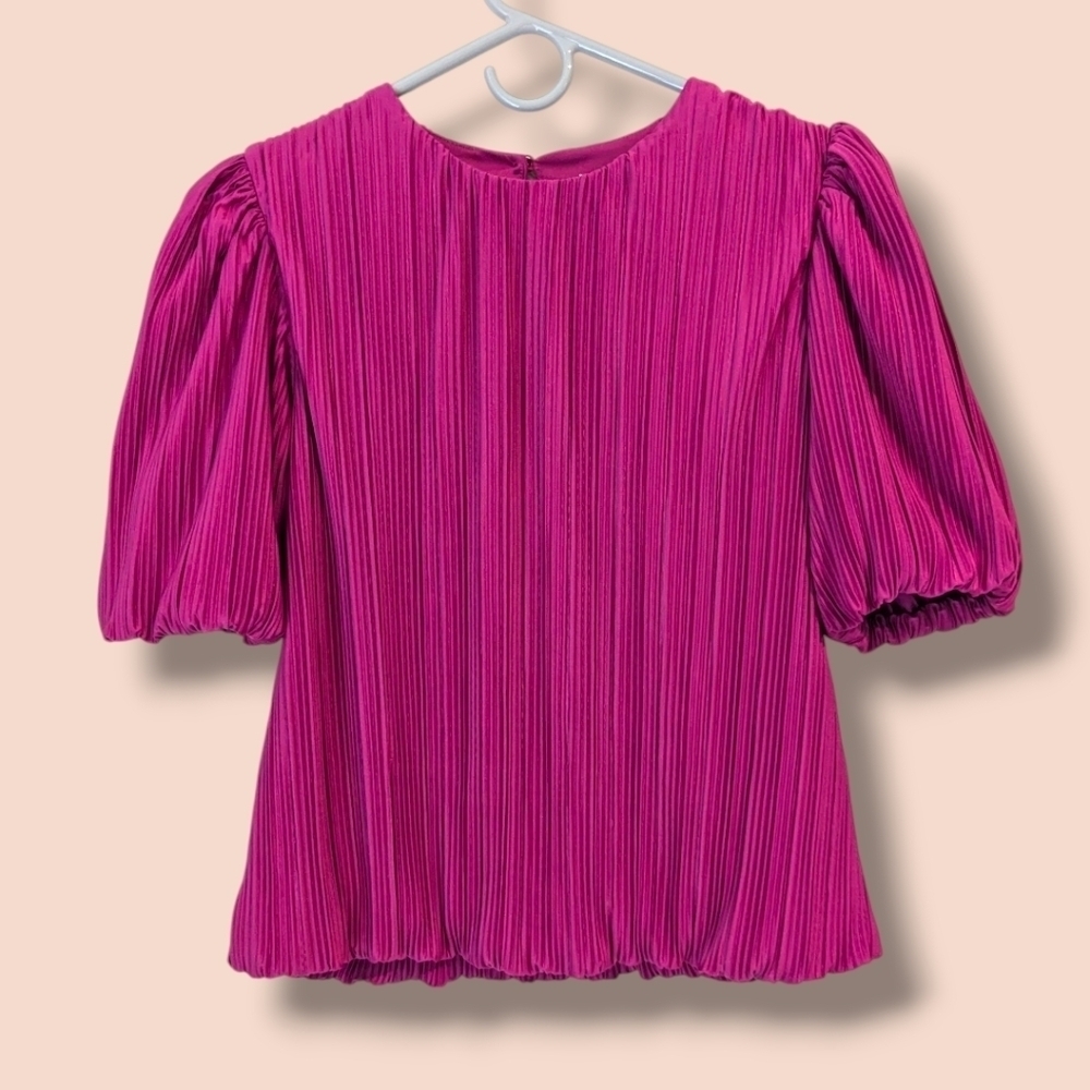 Evereve Fuchsia Pleated Puff-Sleeve Blouse - Picture 2 of 9